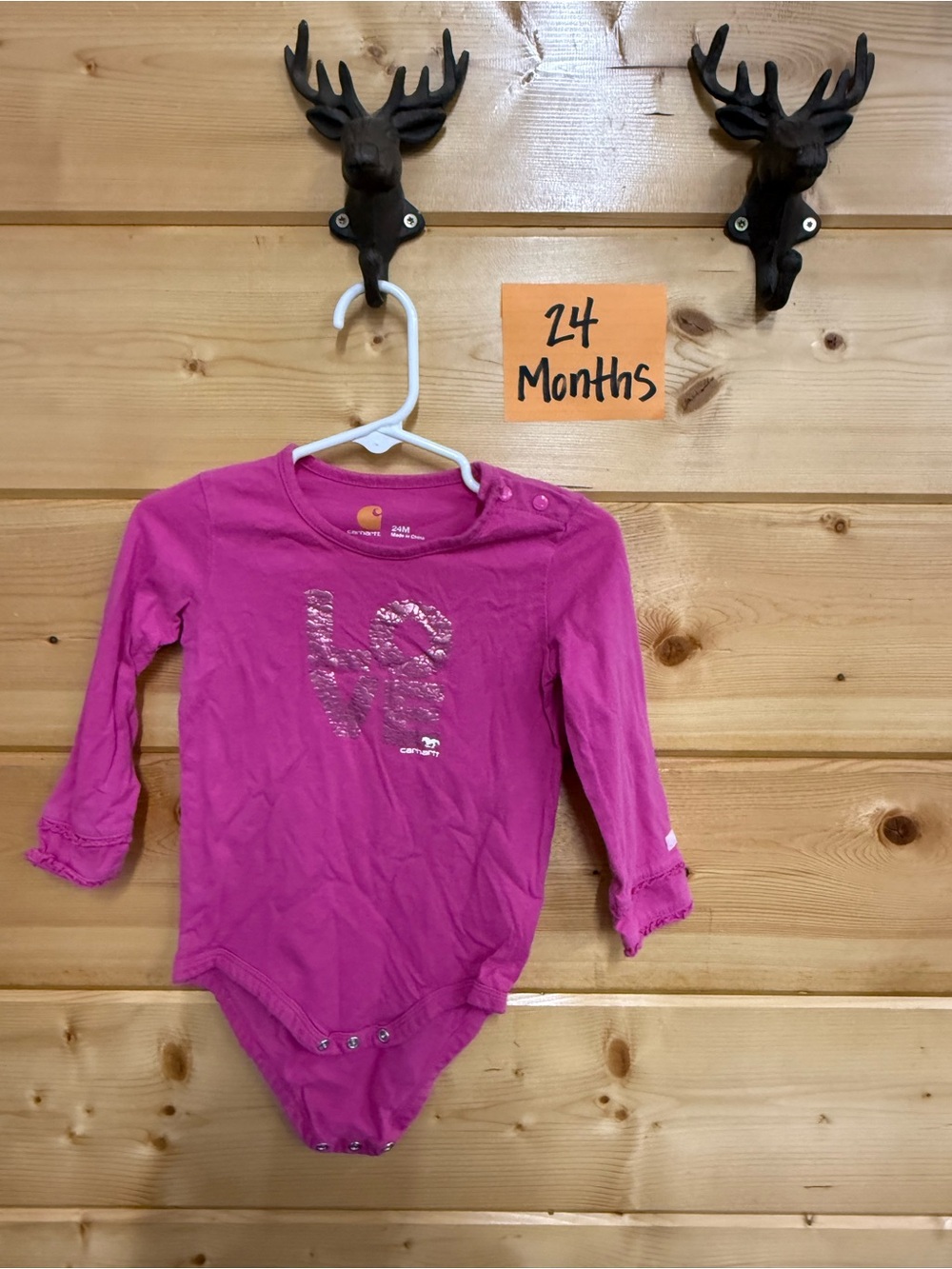 Carhartt Pink Sequin 'LOVE' Long Sleeve Baby Bodysuit - 24M